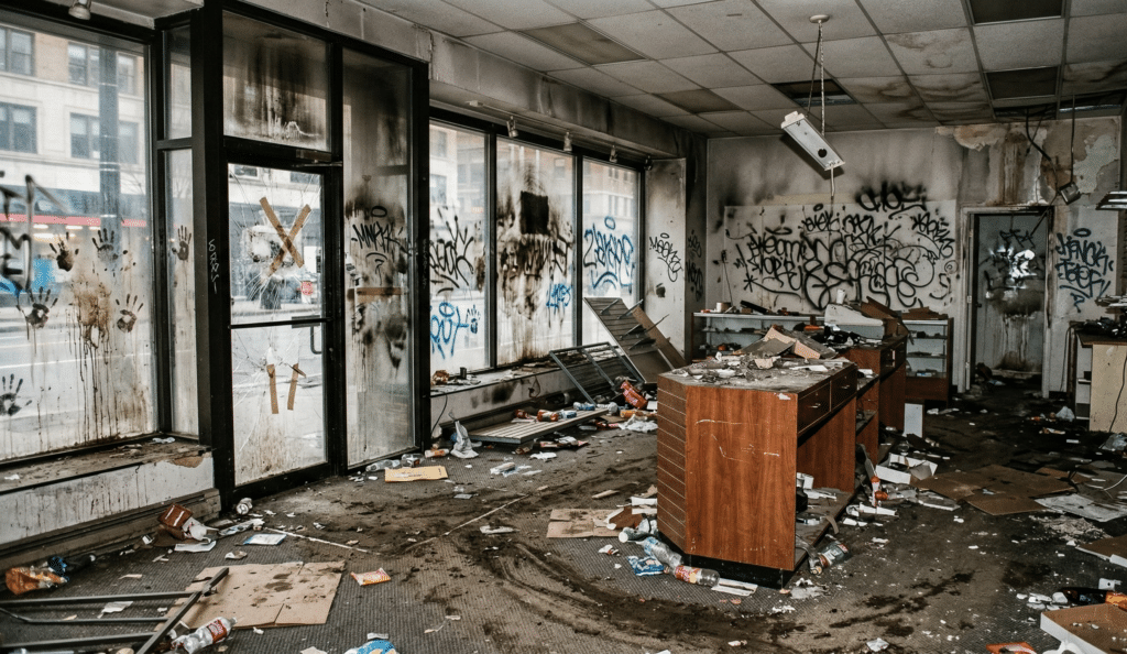 Intérieur de magasin abandonné, graffiti et débris partout.