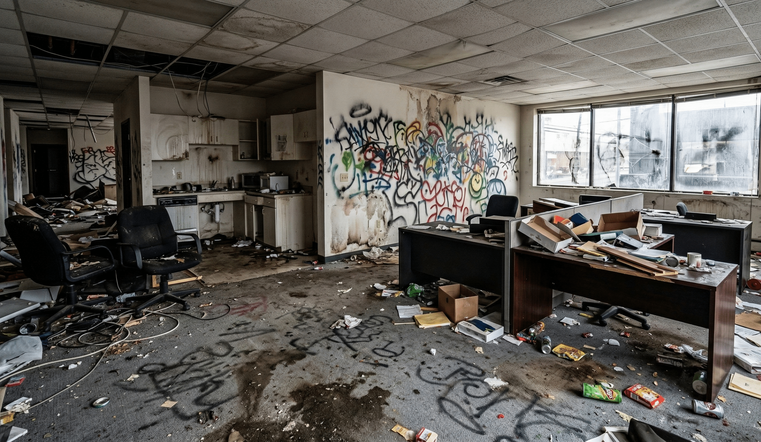 Bureau abandonné avec graffitis et désordre.