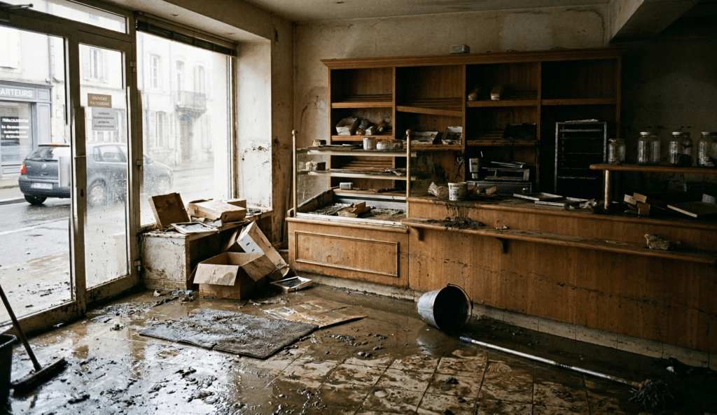 Intérieur de boulangerie abandonnée avec meubles en bois.