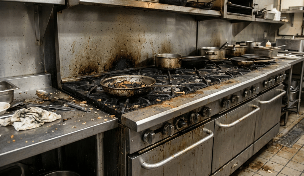 Cuisine de restaurant en désordre et sale.