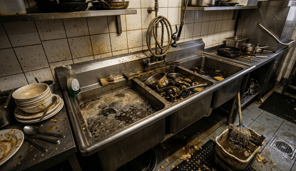 Cuisine sale avec éviers encombrés de vaisselle sale.