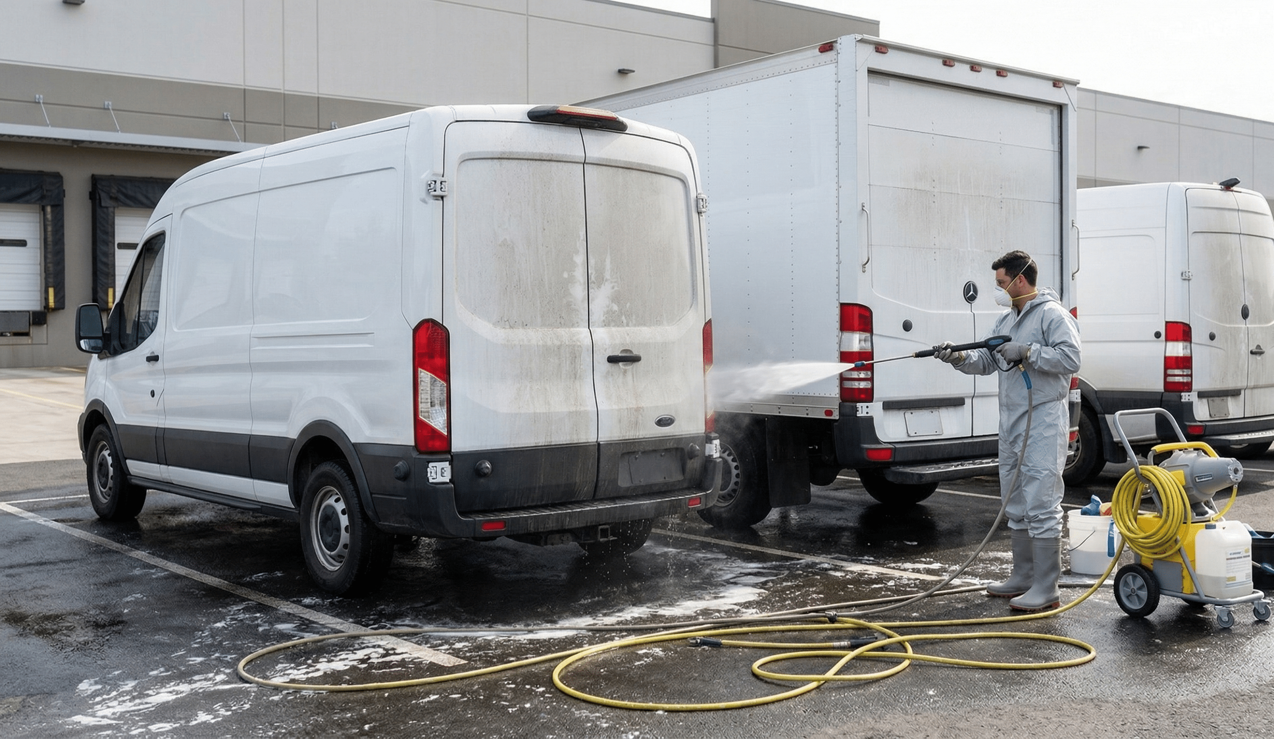 Homme nettoie camionnette avec nettoyeur haute pression.