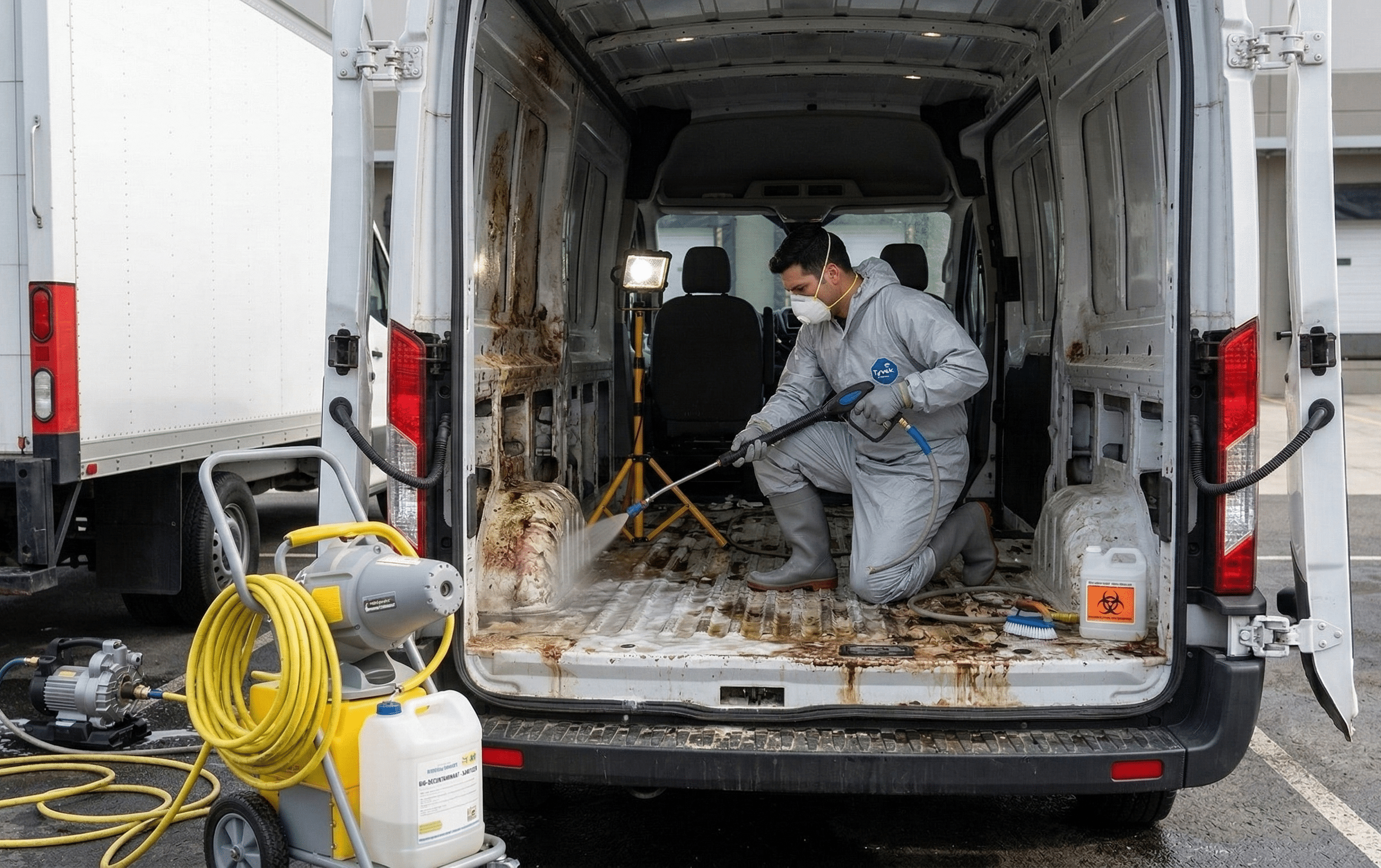 Nettoyage intérieur de camionnette avec équipement désinfectant.