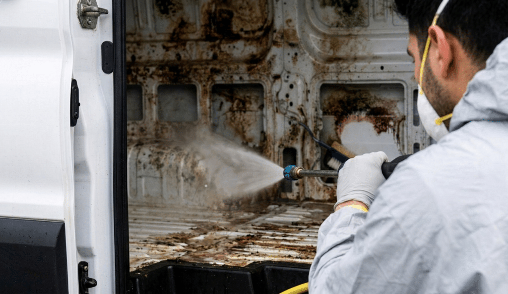 Nettoyage intérieur de camionnette avec jet haute pression.