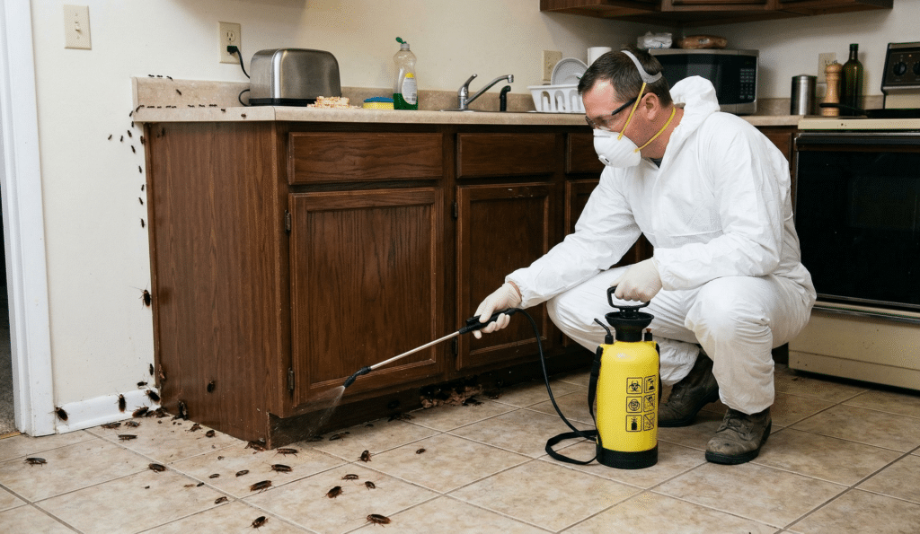 Exterminateur traitant blattes dans une cuisine.