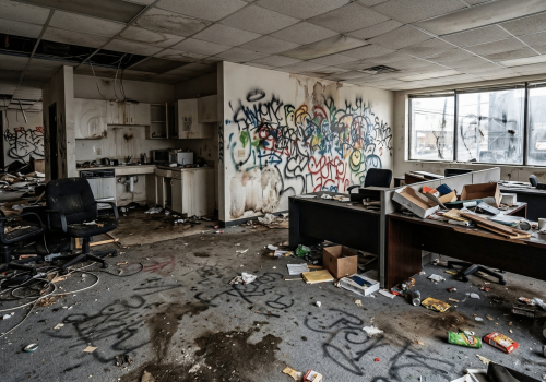 Bureau abandonné avec graffitis et désordre.