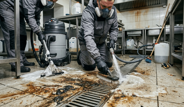 Travailleurs nettoyant le sol d'une cuisine commerciale.
