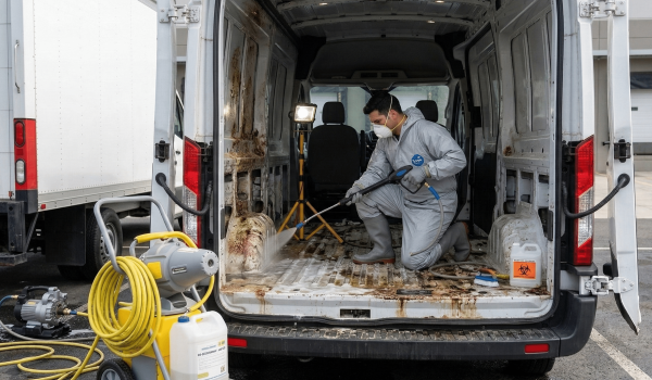 Nettoyage intérieur de camionnette avec équipement désinfectant.