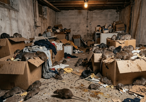 Cave encombrée avec de nombreux rats circulant.