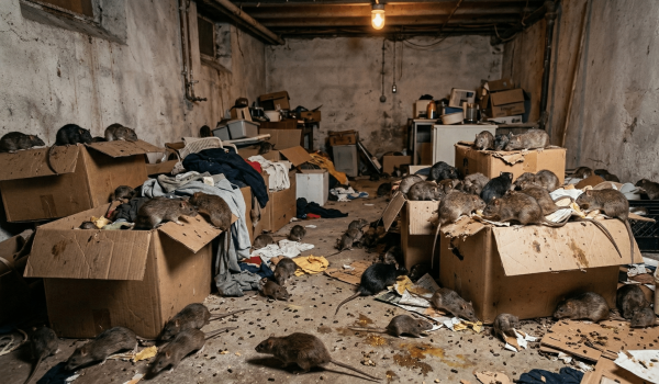 Cave encombrée avec de nombreux rats circulant.